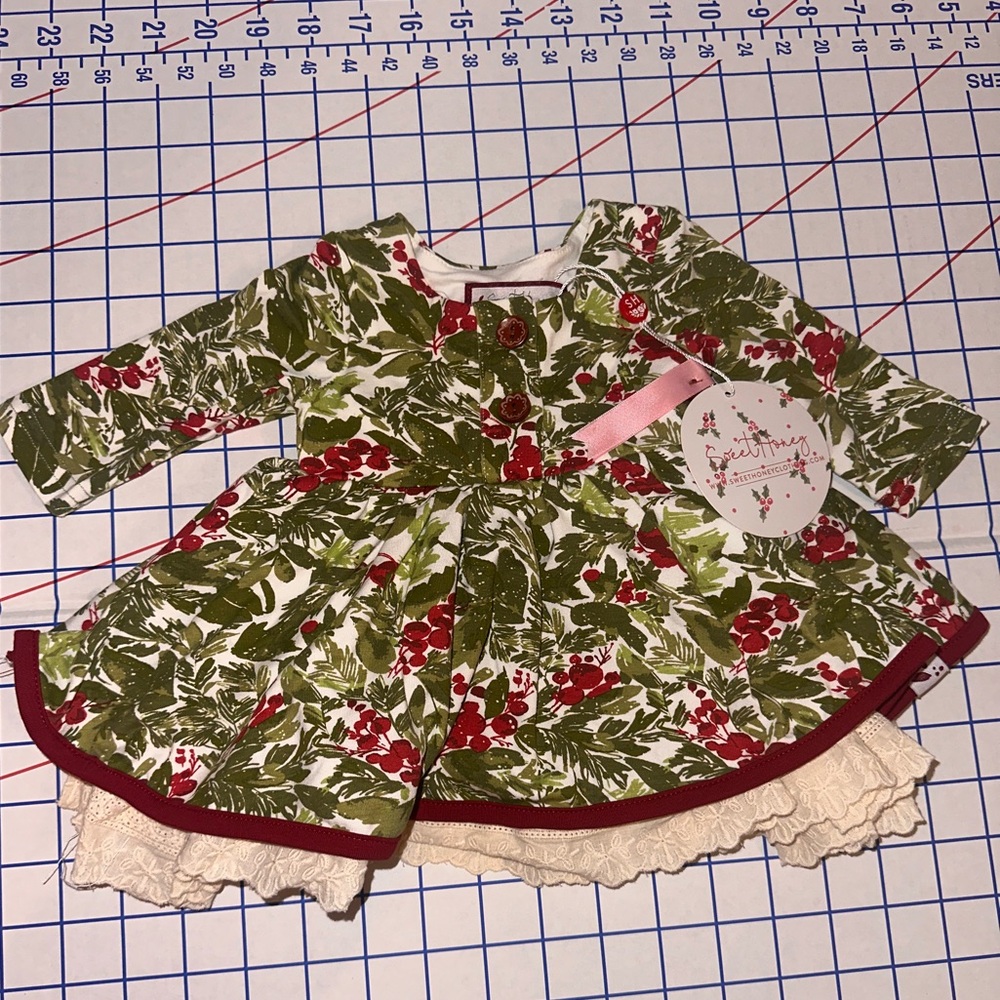 SweetHoney Holiday Holly Dress - Green, Red & Cream